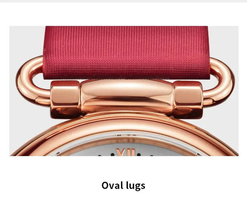 Seagull fashion women's watch by Simples Market with rose-gold case, red leather strap and oval lugs