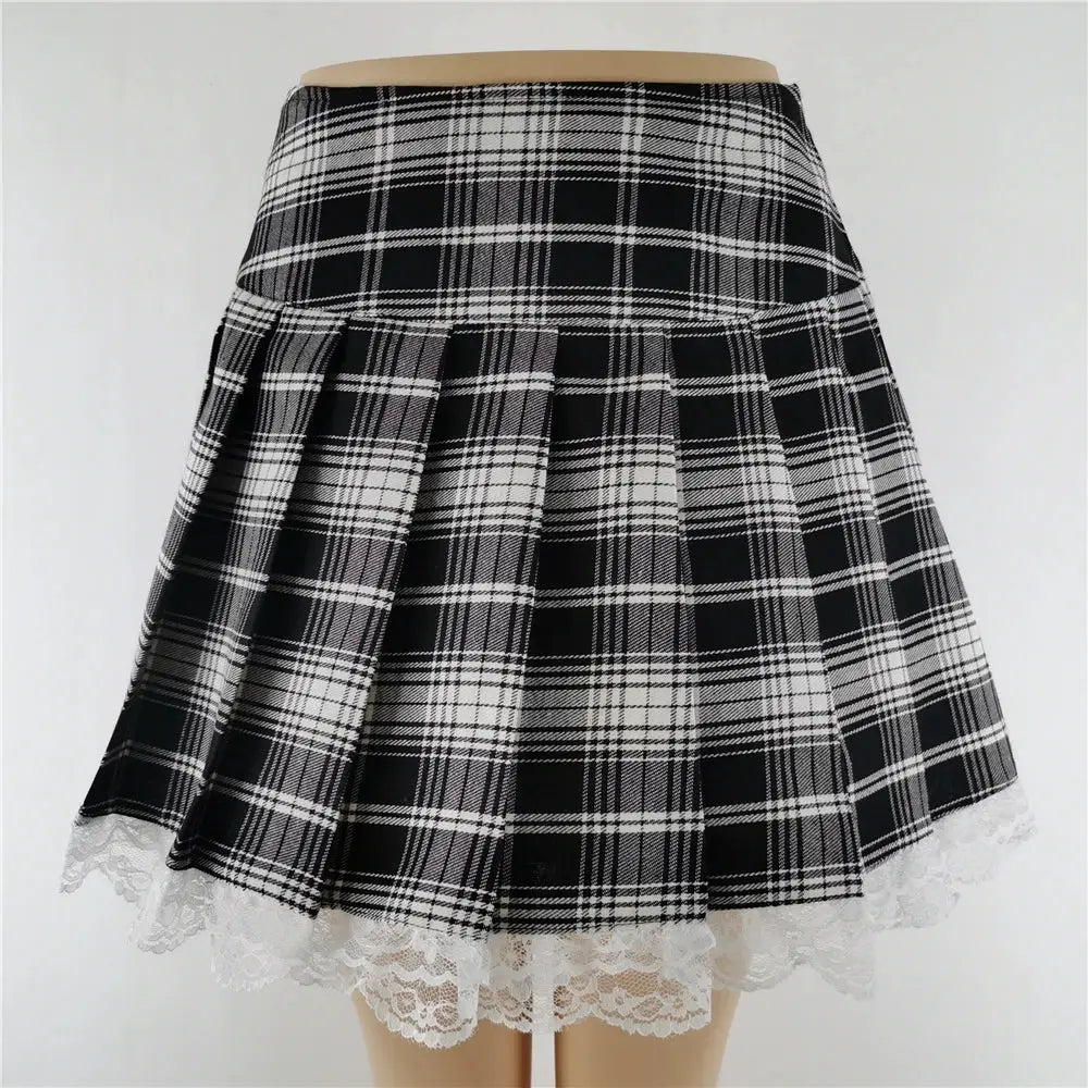 Harajuku punk plaid high-waist skirt with lace trim, black-and-white mini for women