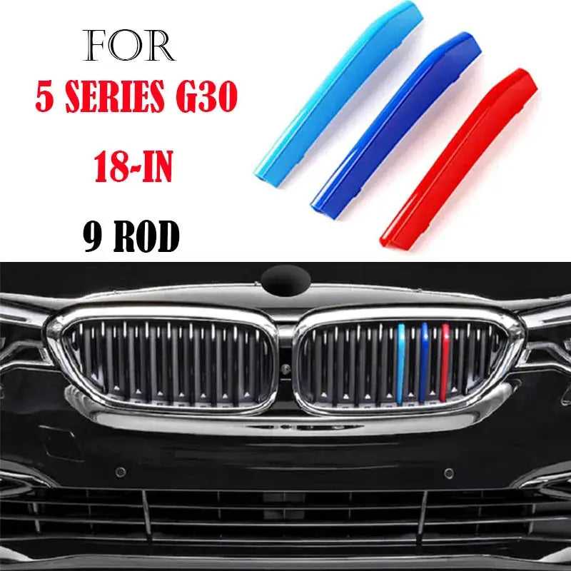 3-piece BMW front grille trim strips in blue, dark blue and red by Simples Market