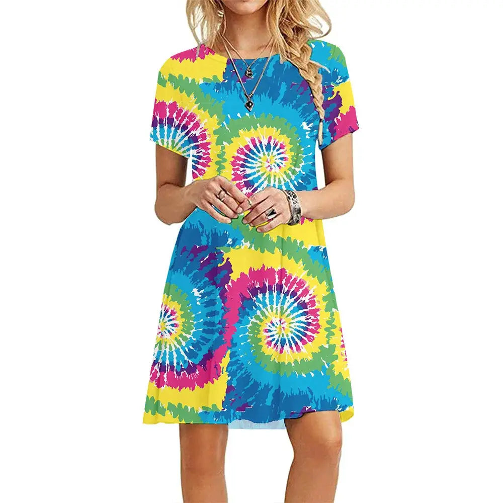 Instylis Women Casual Vintage O Neck Print Loose Mini Dress Sundress