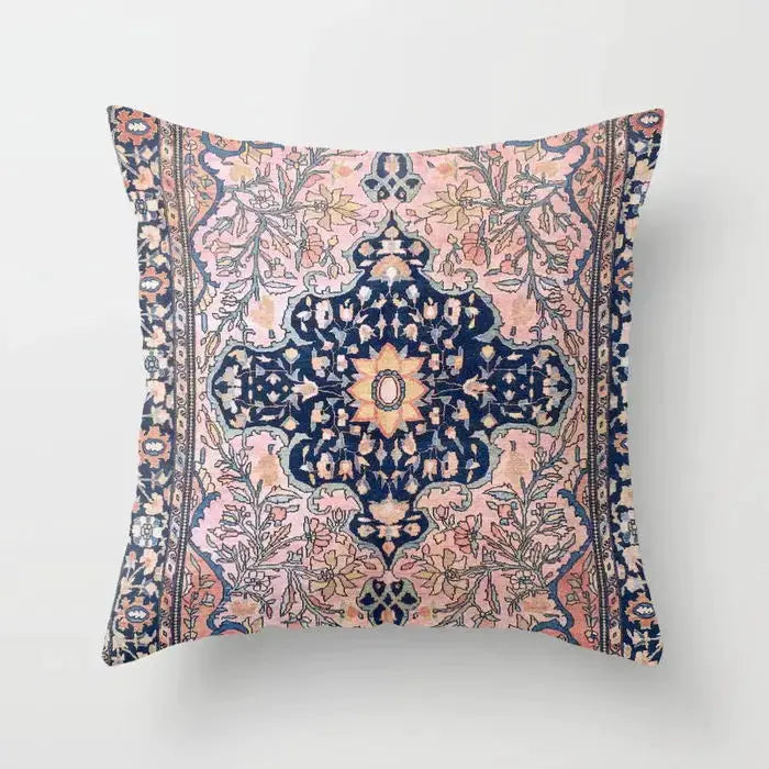 Nordic Moroccan pillow cover by Simples Market in pink with navy floral medallion motif