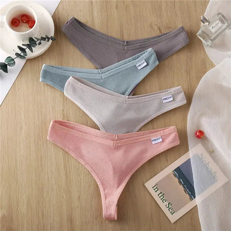 Simples Market four-pack women's cotton thong underwear in mauve, blue, beige and pink