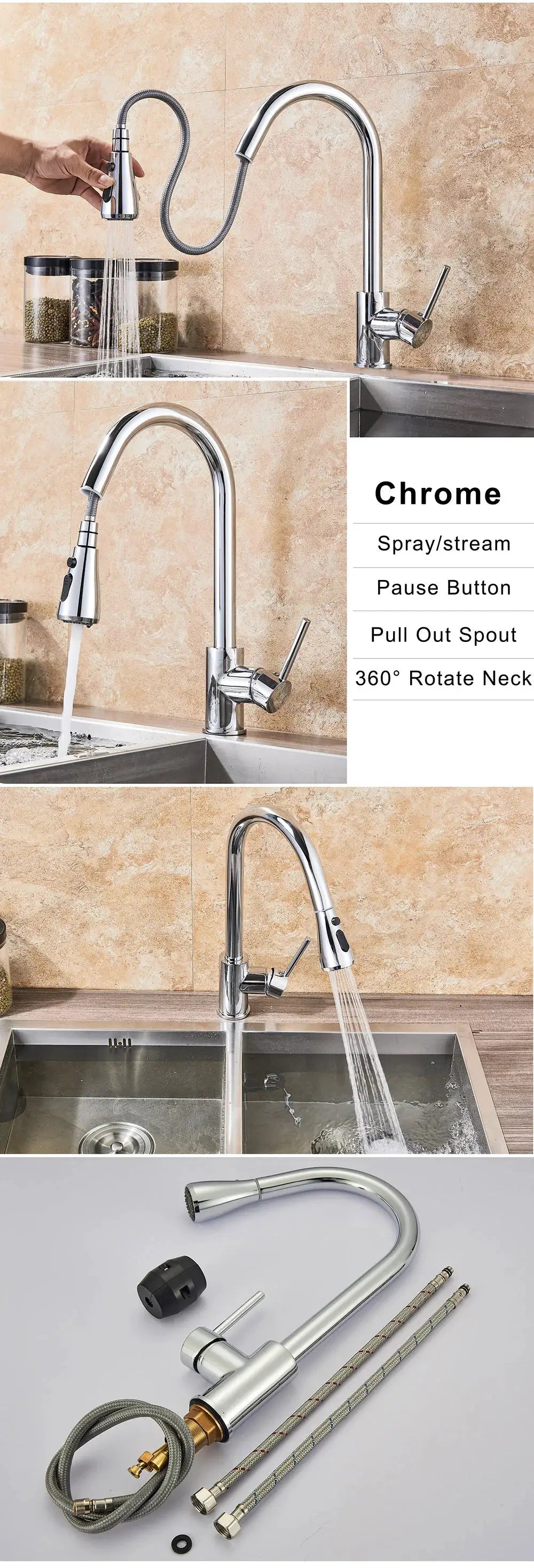 Chrome kitchen faucet with pull-out spray head, flexible hose, and deck-mount mixer by Simples Market