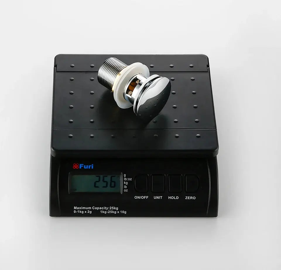 Bagnolux vessel sink pop-up drain stopper, chrome finish, on a digital scale