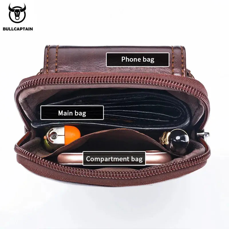 BullCaptain men's brown leather belt waist bag with phone pocket and main compartments