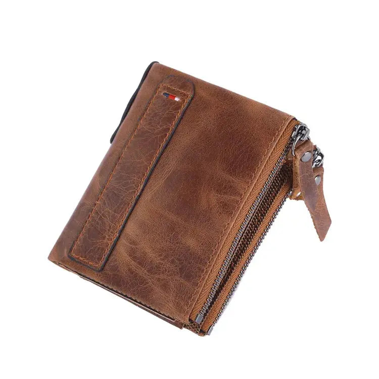Men's brown genuine cow leather short card holder wallet by Simples Market with zip pocket