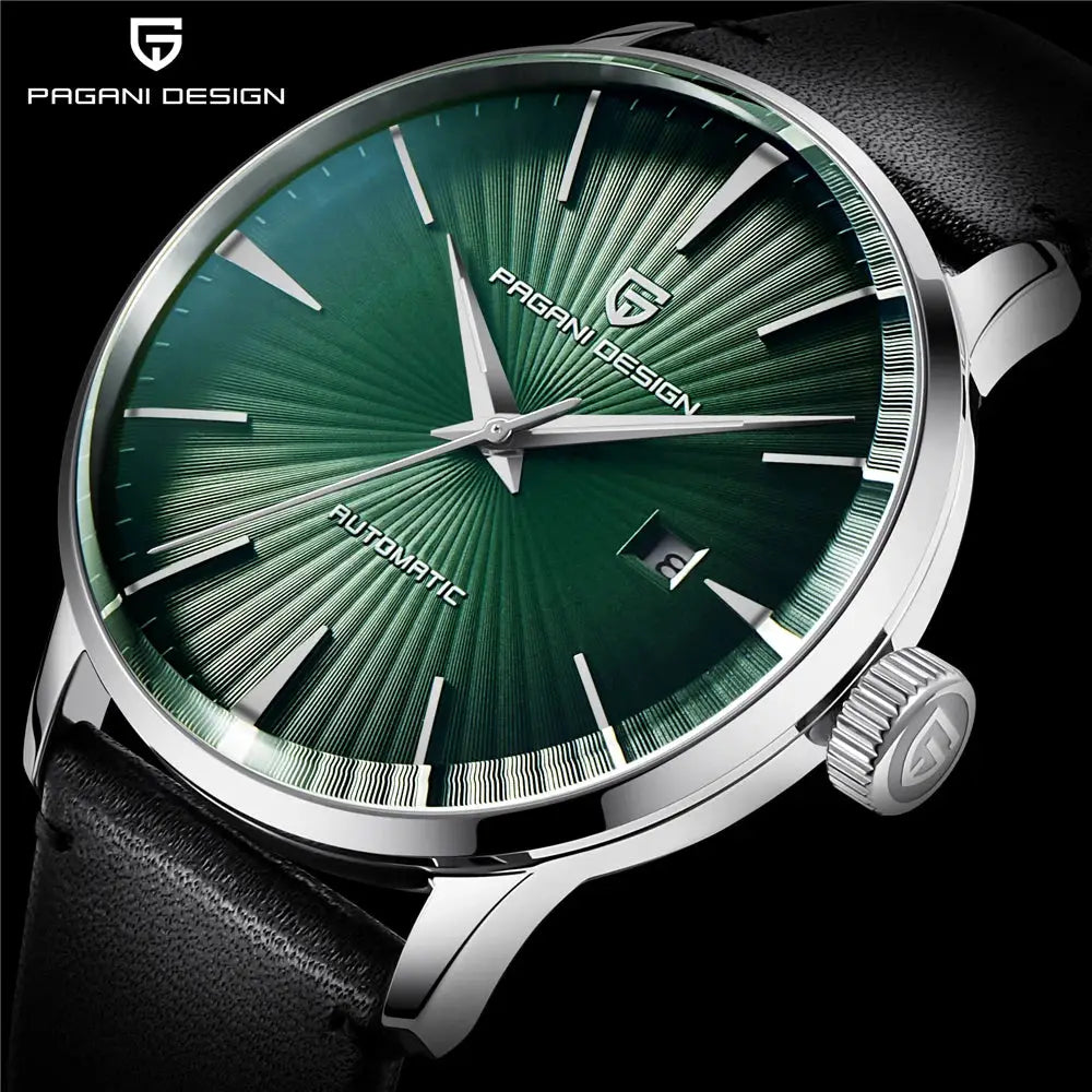 Pagani Design men's automatic watch with green sunburst dial and black leather strap