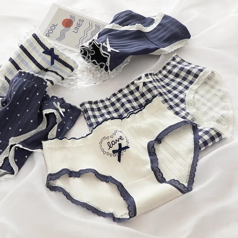 Cotton women's underwear briefs set of 6 in navy and white with lace trim and bows