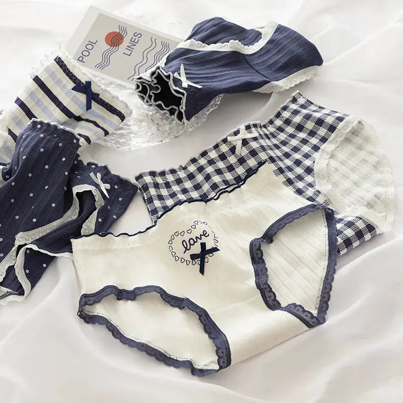 Cotton women's underwear set in navy and white with bows and lace trim; mid-waist briefs in stripes, gingham and dots (6 pcs)