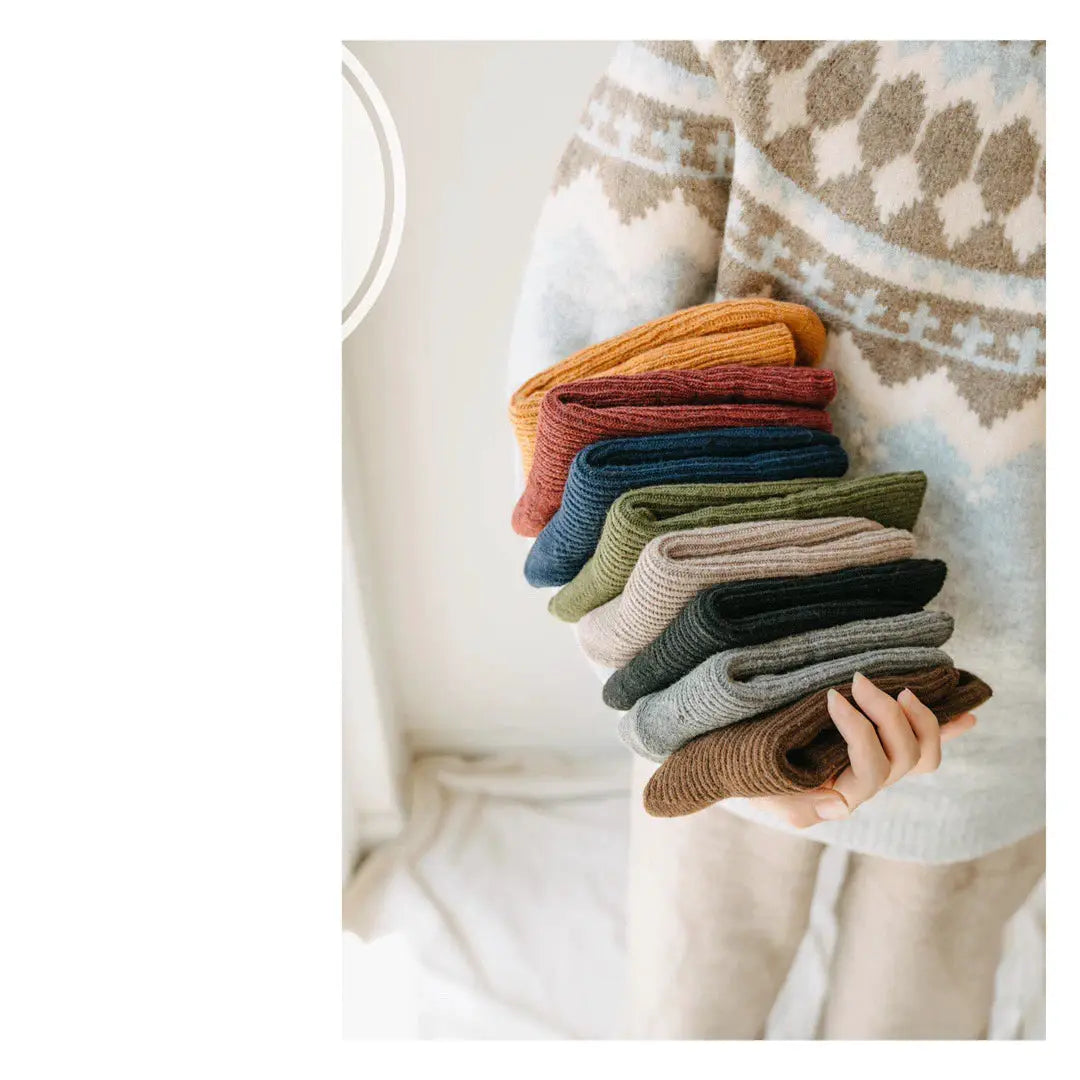 CHAOZHU Thick Warm Merino Wool Rib Socks For Women Solid Colors Loose Fit Japanese Korea Fashion Winter