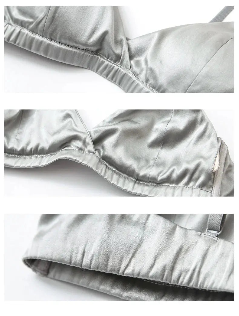 Silk wireless bra in silver satin fabric with soft sheen, showing stitched underband and adjustable strap