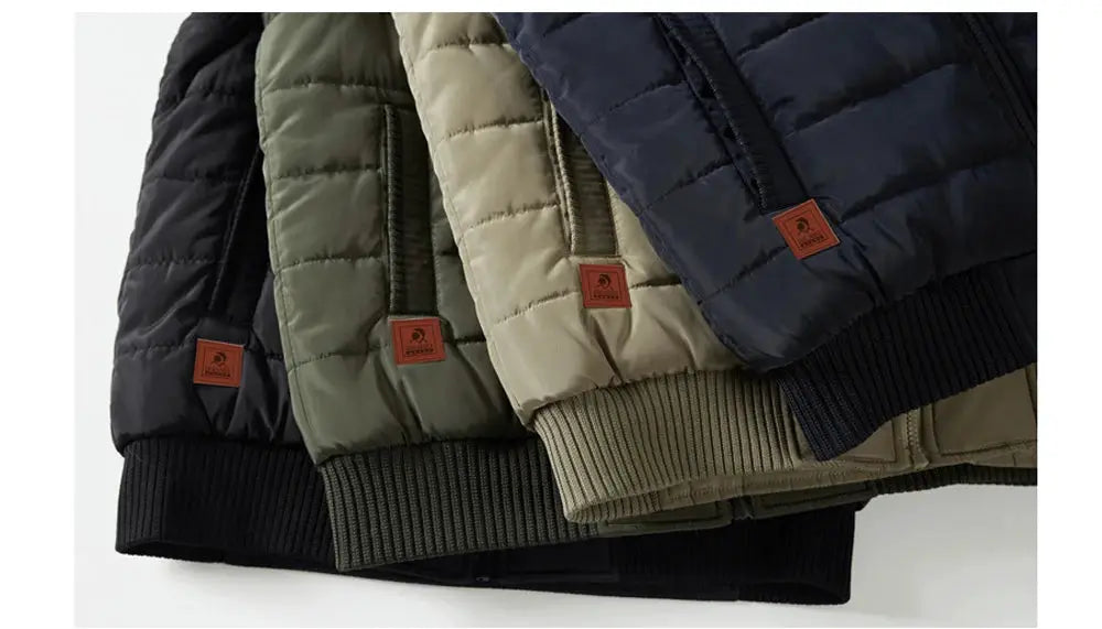 Set of 4 men's padded jackets in black, olive, beige, and navy with ribbed cuffs and hems