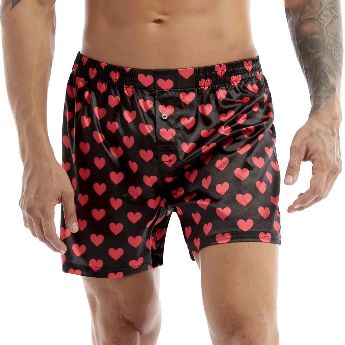 Men's black boxer shorts with red heart print, lightweight casual beachwear
