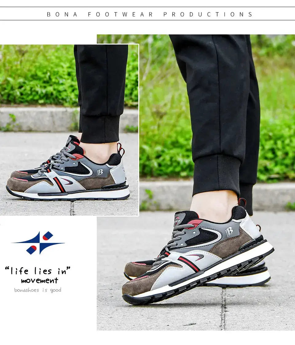 Men's sport sneakers by Simples Market, action leather with grey, brown and black panels and red accents