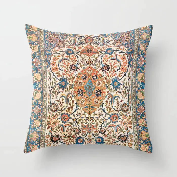 Nordic Moroccan-style pillow cover with a bohemian floral pattern in cream, blue, teal and orange
