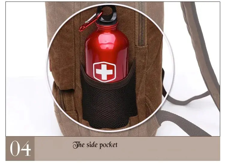 Simples Market vintage canvas backpack in brown with a side mesh pocket holding a red water bottle.