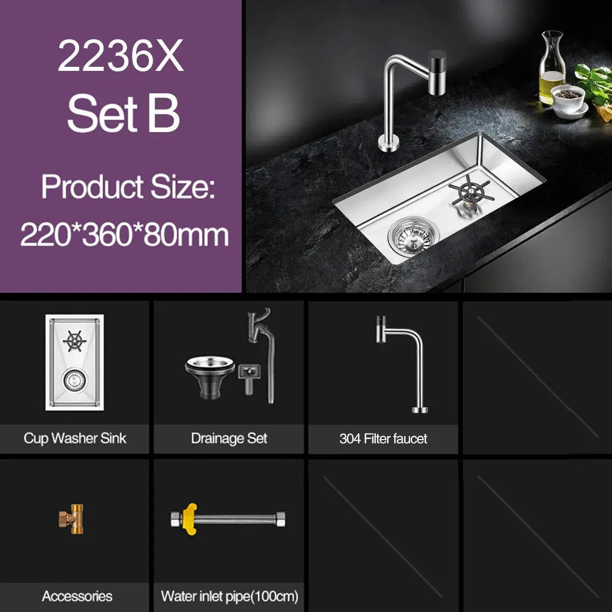 Cup Washer Sink set (5-piece) in brushed 304 stainless steel, 4mm thick for bar counter use
