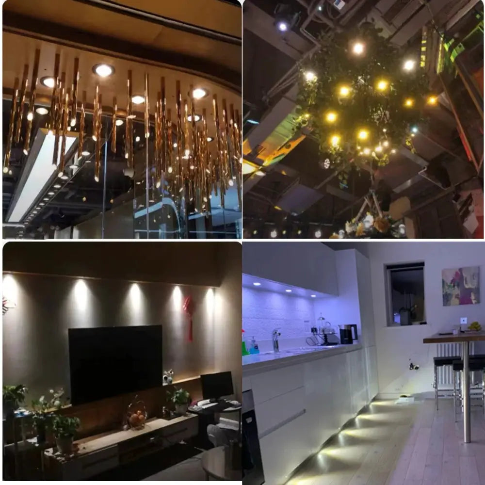 1W Mini Downlight LED by Simples Market, 12V dimmable recessed spotlight for ceilings and cabinets; four installations shown