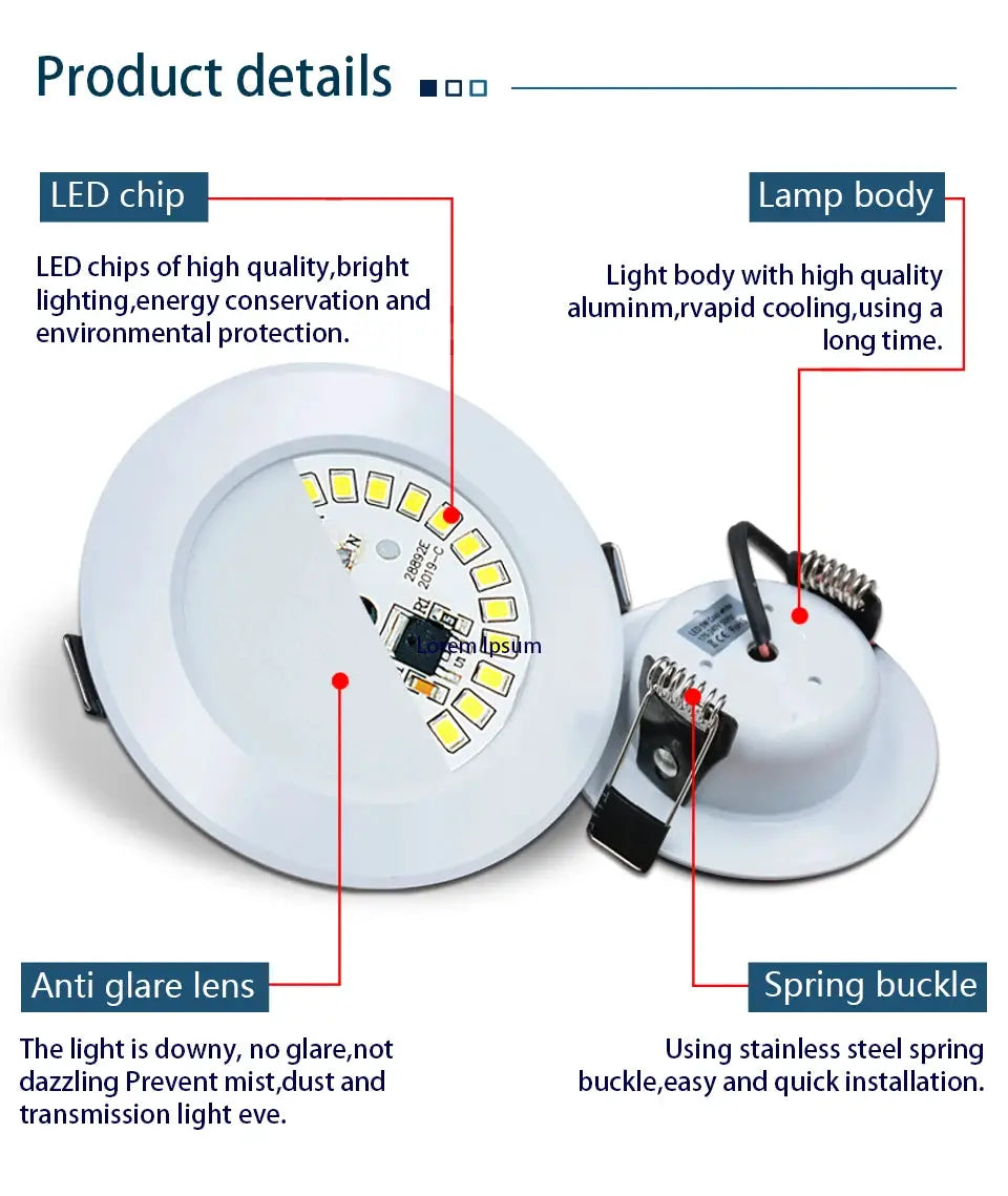 LED downlight panel, round white housing with anti-glare lens, visible LED chips, spring buckle for recessed indoor lighting.