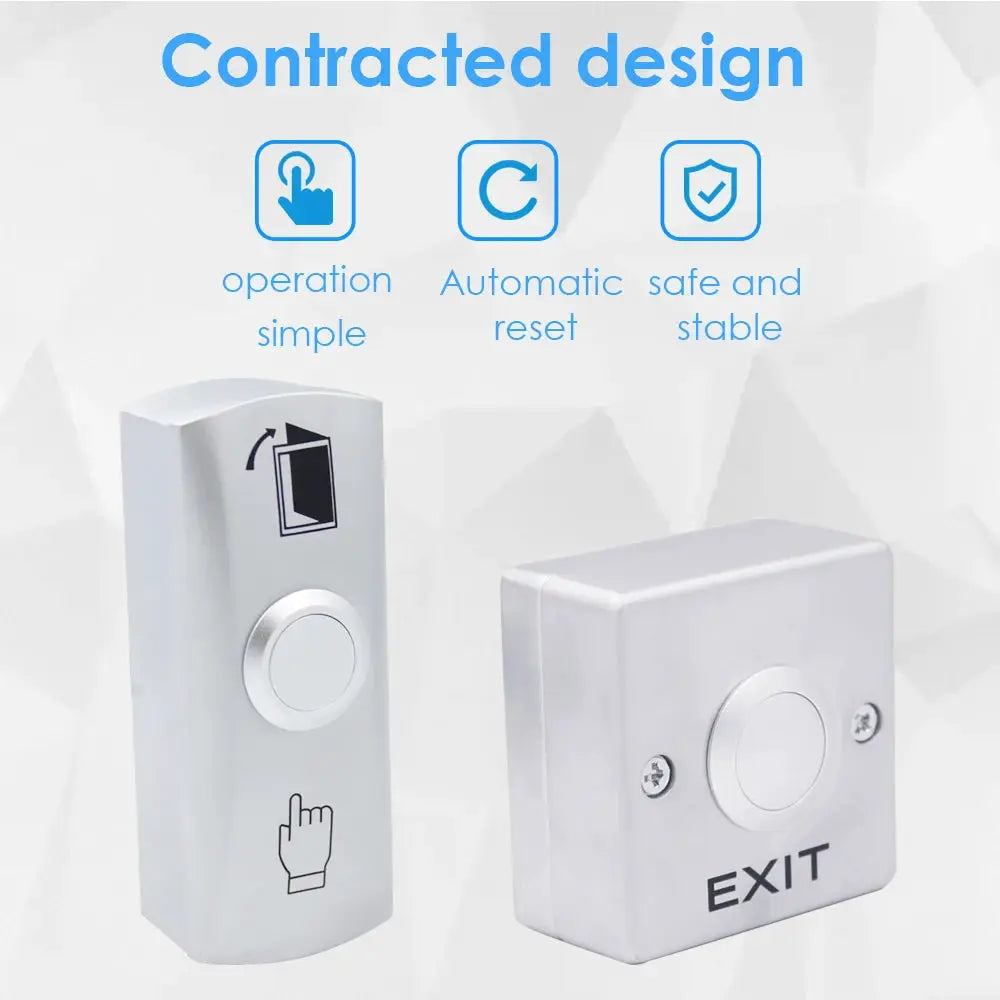 Two zinc alloy exit button switches for access control; silver metal push buttons, one tall with icon, one EXIT label