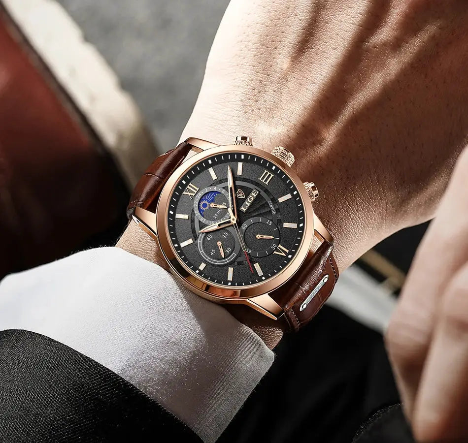 LIGE men's luxury watch with rose-gold case, black chronograph dial, brown leather strap