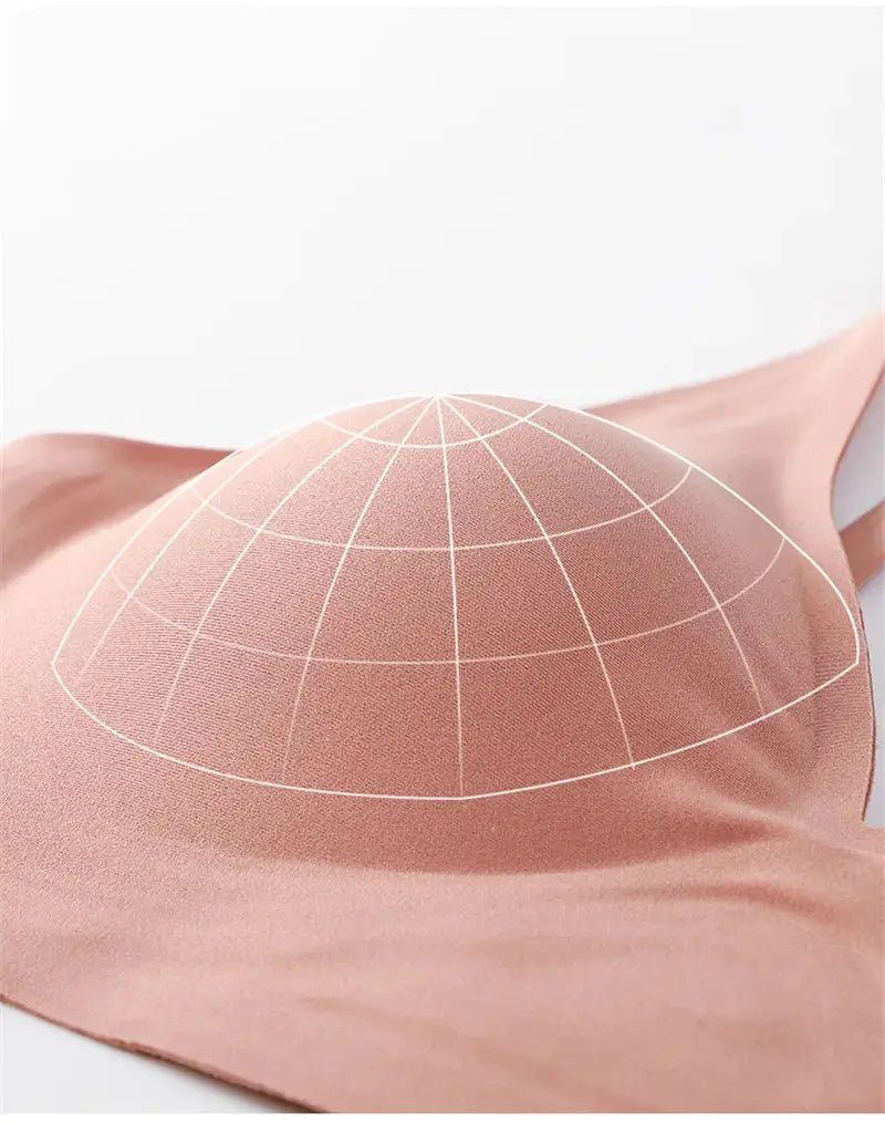 FINETOO soft wireless padded bra, peach pink seamless bralette with white grid pattern by Simples Market