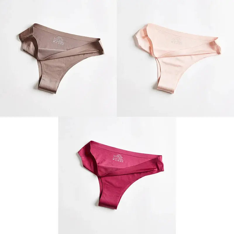 Simples Market women's seamless ice silk thong underwear set in taupe, blush pink, and magenta (3-pack)