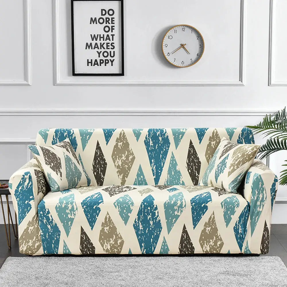 Sofa slipcover by Simples Market for 3-seat L-shaped sofa with teal, brown and beige diamond print