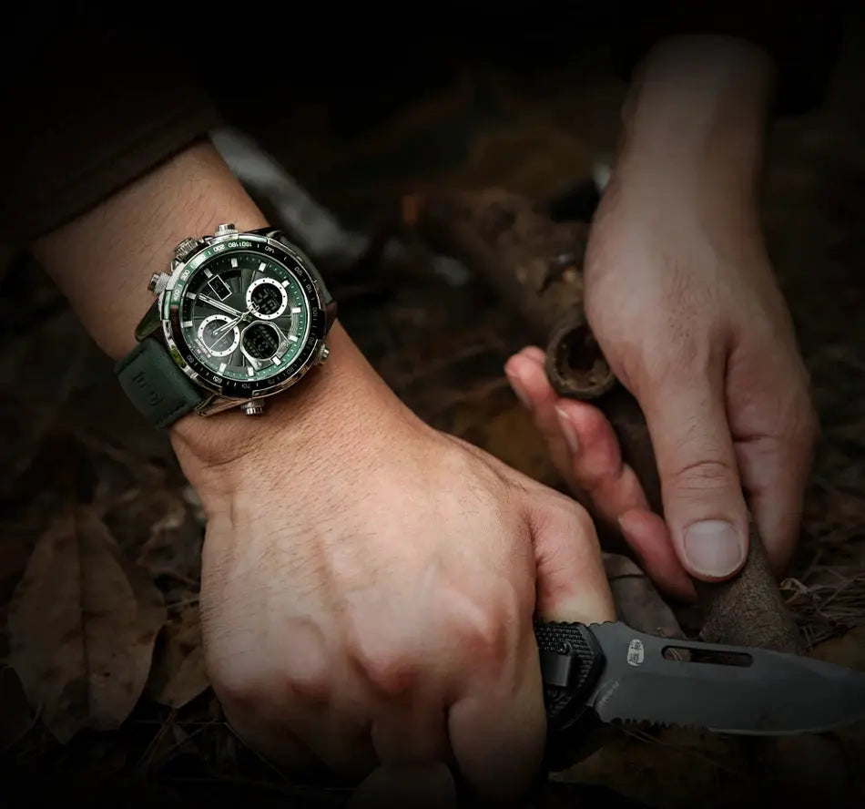 NAVIFORCE men's fashion military chronograph watch with green strap and green dial.