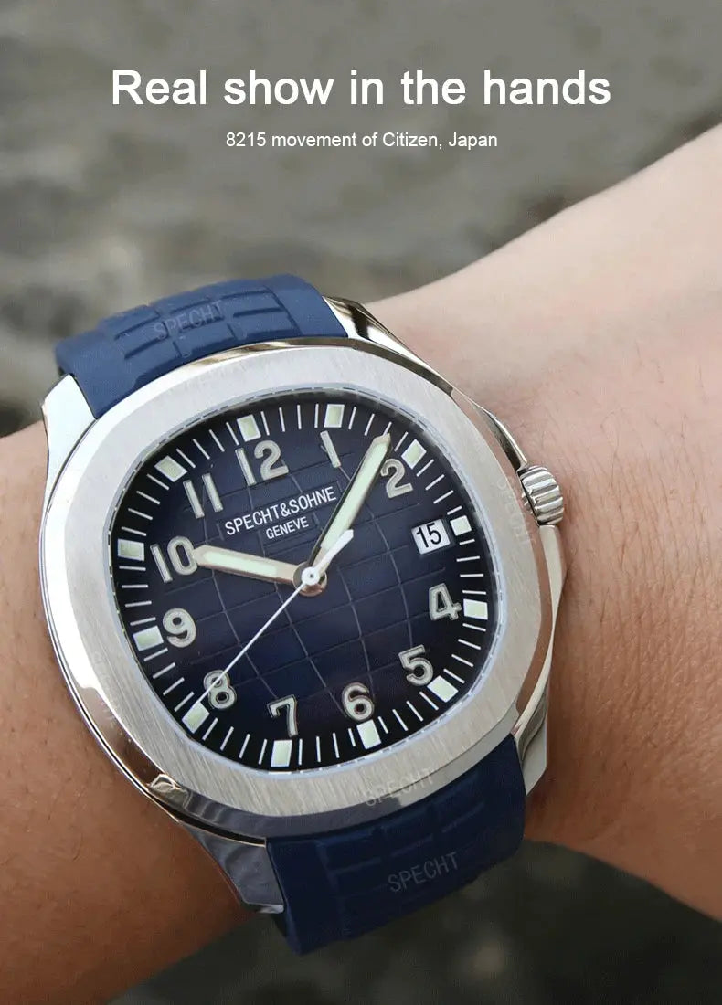 Specht&Sohne men's automatic sports watch with blue silicone strap, stainless steel case, dark blue dial, and date window