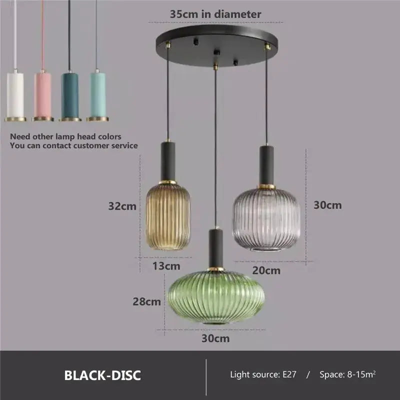 Simples Market retro colorful glass pendant lights, three ribbed pendants in green, gold, gray with black mounts, E27