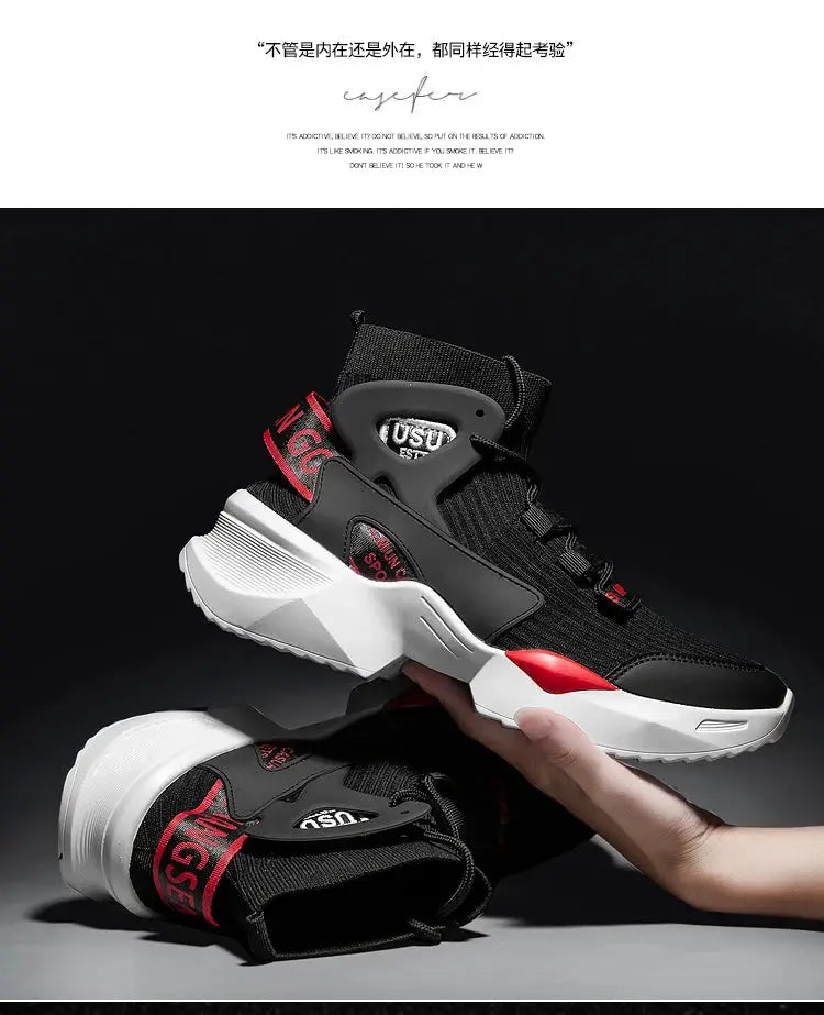 Pair of men's black high-top sneakers with white chunky sole, red heel tab, Simples Market branding and logo