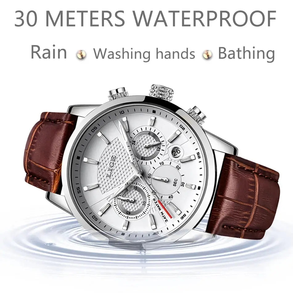 LIGE 2025 Mens Fashion Sports Quartz Watch Leather Strap Waterproof Date Stainless Steel Case