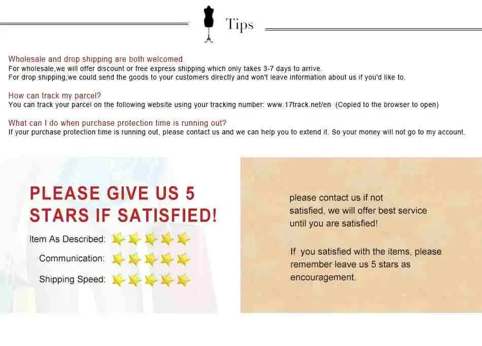 Corduroy overalls product tips page showing a 5-star rating graphic and service messages