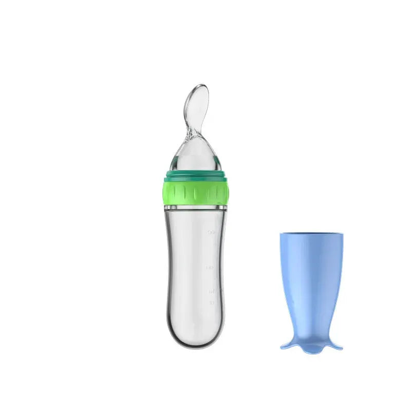 Silicone Baby Bottle With Integrated Squeeze Spoon For Mess Free Feeding Milk Rice Cereal