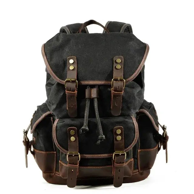Vintage canvas backpack by Simples Market with brown leather straps, large travel rucksack