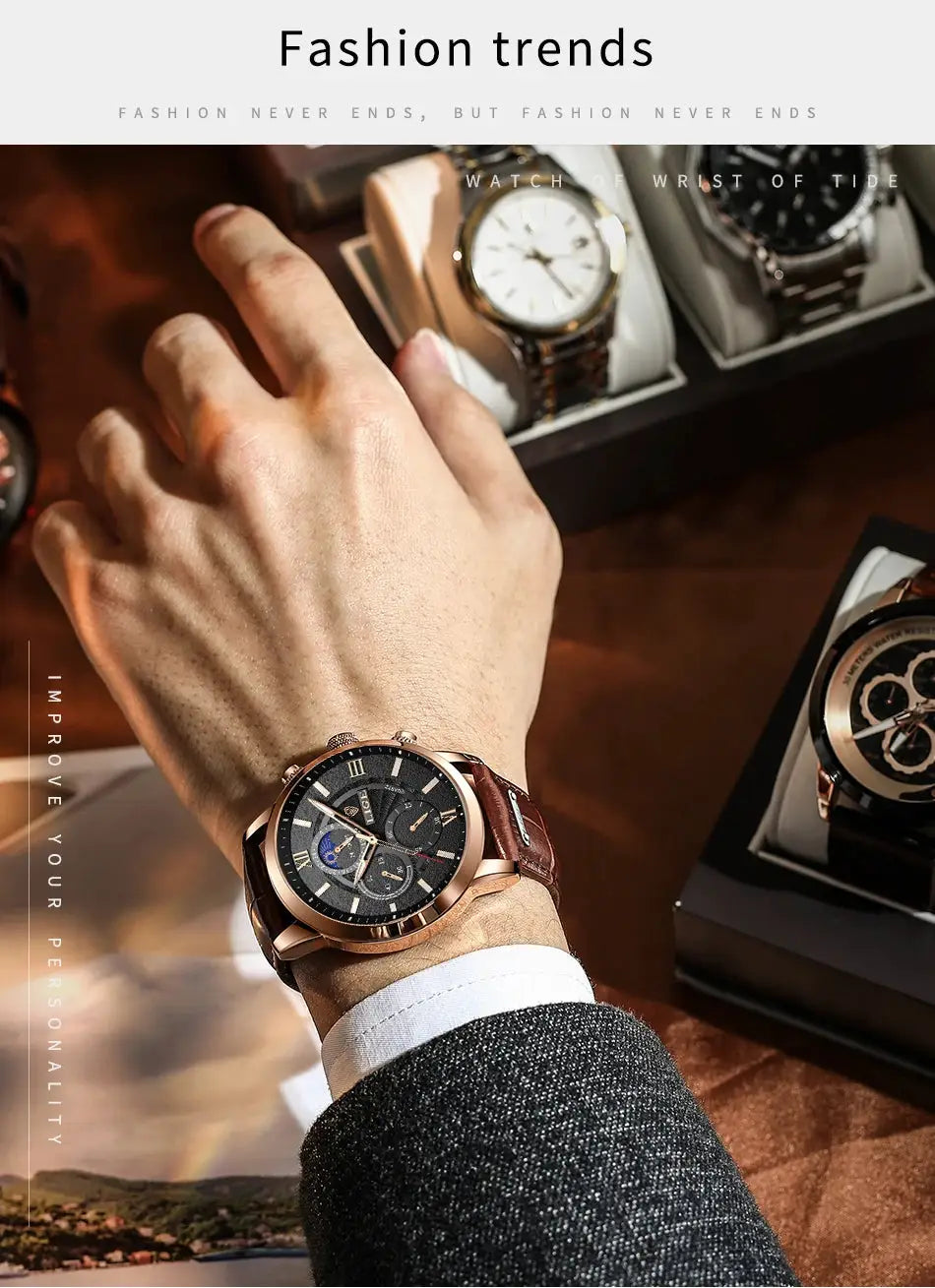 LIGE men's luxury leather quartz watch with rose-gold case and brown leather strap on a man's wrist