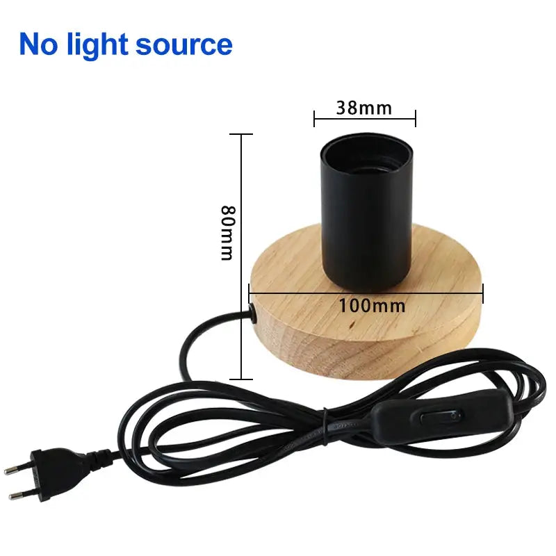 Modern retro wood table lamp with black E27 socket on natural wood base, EU plug