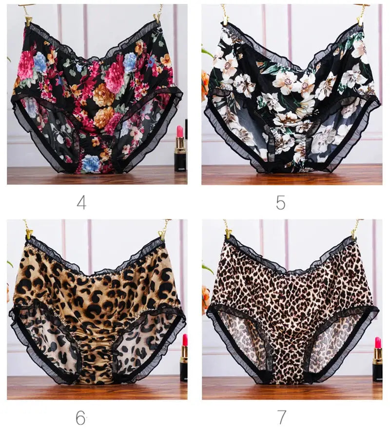 Women's lace briefs, big-size mid-waist, Simples Market, 4-piece floral and leopard print set