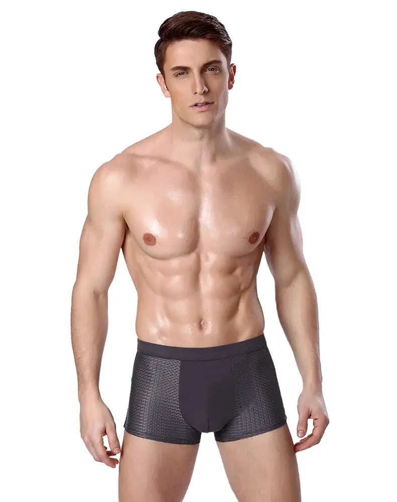 Men's bamboo fiber boxer briefs in black with breathable mesh-textured sides, plus-size L-8XL