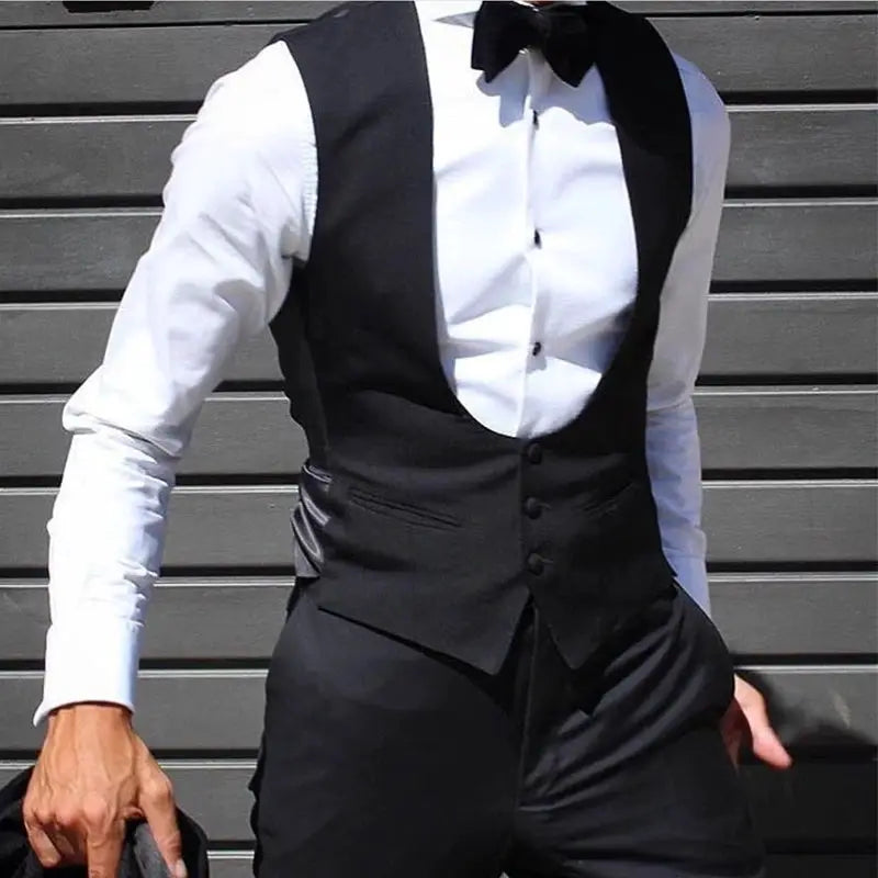 Men's black wedding waistcoat with a white shirt and bow tie slim fit