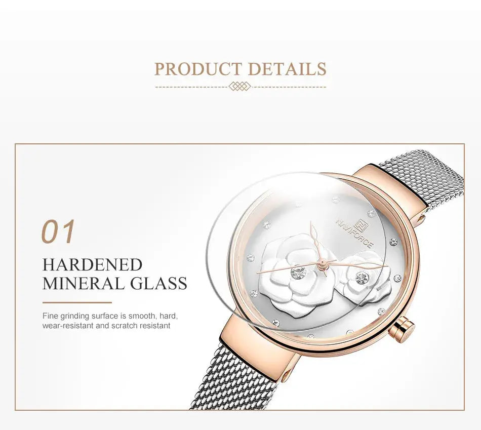 NAVIFORCE women's watch with rose-gold case, stainless steel mesh band, crystal markers and flower dial