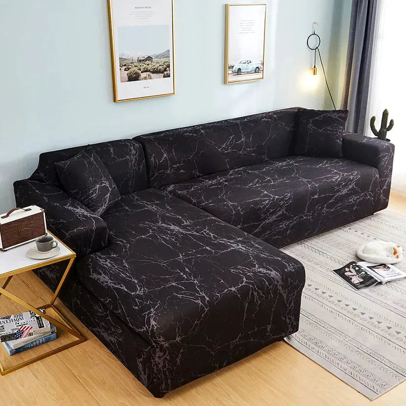 Sofa cover for L-shaped couch, black marble print stretch slipcover by Simples Market, fits 2-4 seat