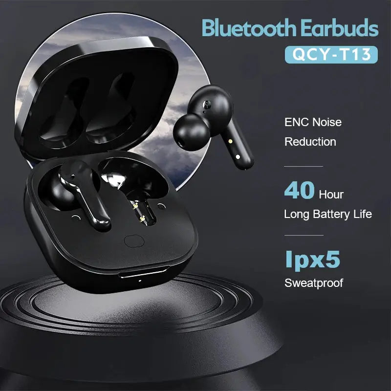 QCY T13 Bluetooth Earbuds in charging case, black, ENC noise reduction, 40-hour battery life, IPx5 sweatproof