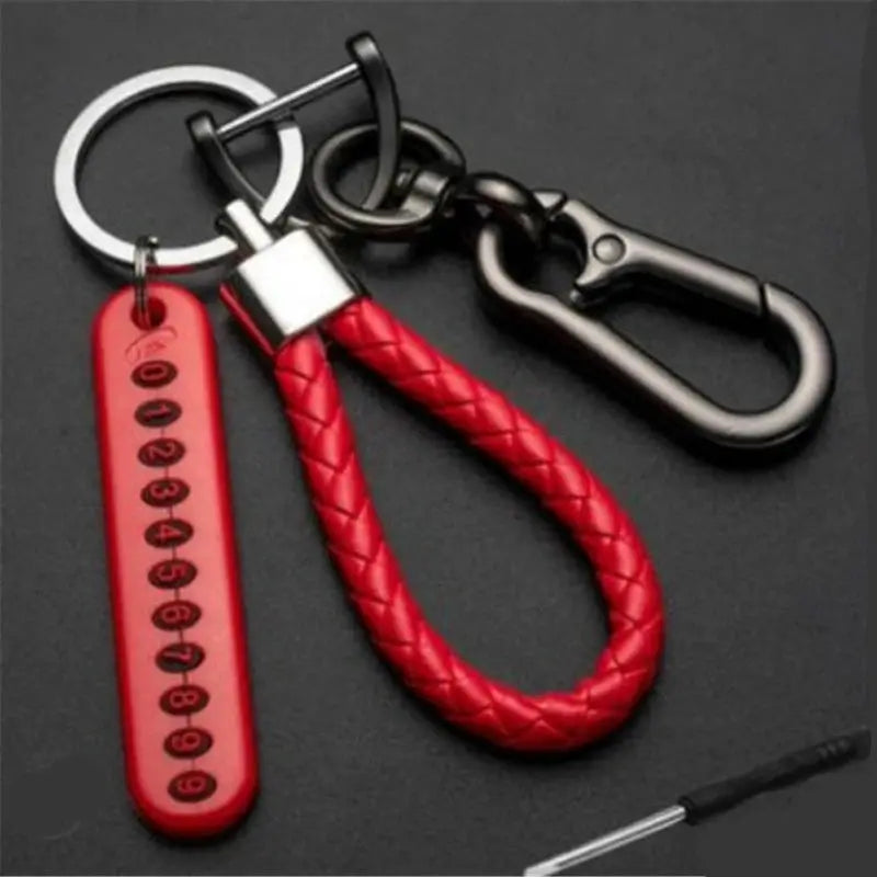 Anti Lost Car Keychain With Phone Number Card Key Ring Leather Braided Rope Zinc Alloy Charm Gift For Husband