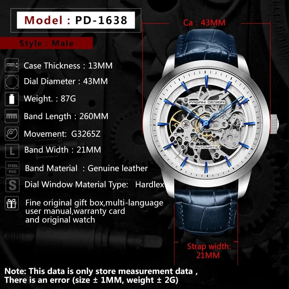 Pagani Design Luxury Skeleton Dial Automatic Mechanical Watch For Men Leather Watches Waterproof Sports Style