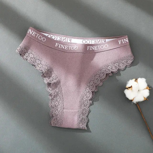 Women's pink cotton lace panties, Finetoo brand, ribbed fabric with lace trim, M-XXL