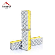 Widesea outdoor foldable camping mat; two ultralight XPE foam pads, silver-gray with yellow edges, strapped.