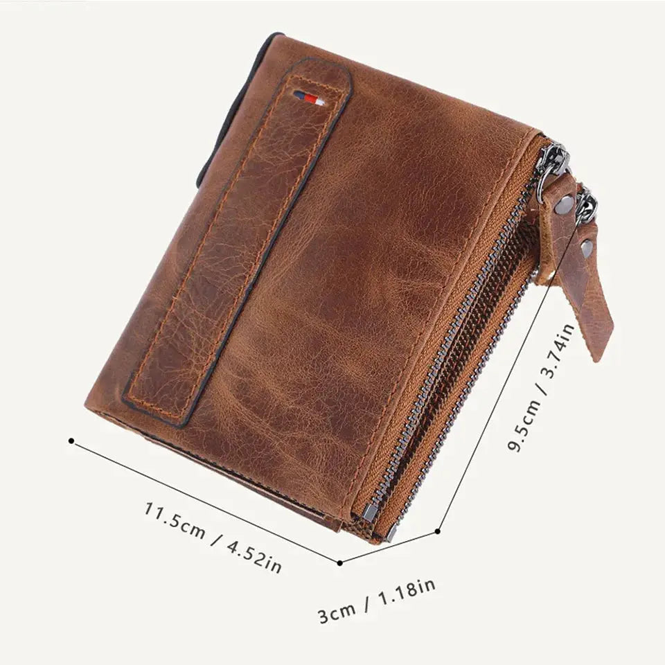 Men's wallet in brown genuine cowhide with zipper closure and card slots