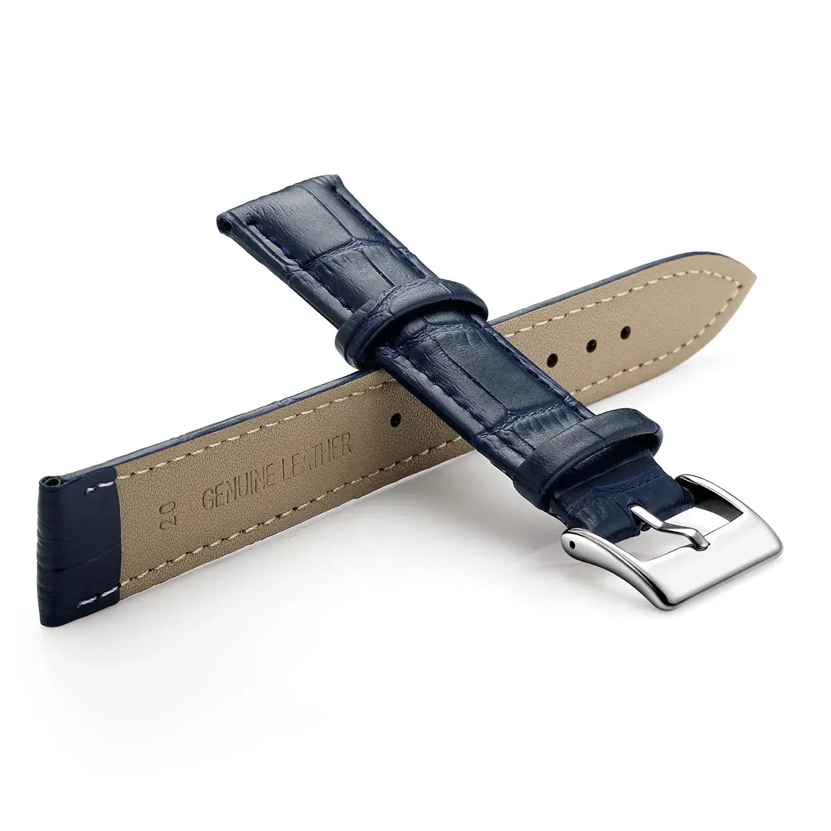 Leather watch band by Simples Market, navy blue croc-embossed genuine leather with beige lining and silver buckle.